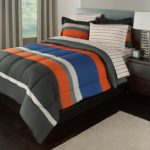 Royale Linens Campus Colors Rugby Stripe Orange Blue and Grey, Reversible, Queen Complete Set