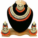 Finekraft Meena Kundan Bridal Wedding Designer Gold Plated Orange Color Necklace Jewelry Set