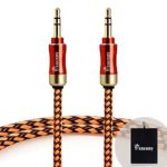 eBerry [A04 3.5mm Male to Male Audio Cable (4.6ft/1.4m)] Audio Aux Cable Car and Home Auxiliary Stereo Jack Cable Cord for Headphones, iPods, iPhones, iPads + Black Storage Pouch (Orange Connectors)