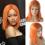 Smartinnov Human Hair Wig Orange Lace Front Pre Plucked Virgin Human Hair Middle Part Straight Short Bob 14″180% Density 13×4 Lace Frontal Peruvian Bleached Knots with Baby Hair Orange Color for Women