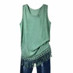 HIRIRI Loose Shirts Women Fringe Sleeveless Solid Color Vest Girls O-Neck Casual Hem Tassel Blouse Green