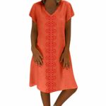Sunhusing Women’s Summer Cotton Linen Print V-Neck Short Sleeve Dress Loose Casual Boho Long Maxi Dress Orange