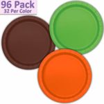 96 Paper Dinner Plates (9″) – Lime Green, Brown, Orange – 32 Per Color, 3 Colors – Great Assortment for Birthday Parties, Weddings, Holidays, Baby Shower, Celebrations, and more