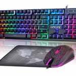 Gaming LED Wired Keyboard and Mouse Combo with Emitting Character 3200DPI USB Mouse Multimedia Keys Rainbow Backlight Mechanical Feeling for PC Resberry Pi Mac TOB Box with Mousepad,910b