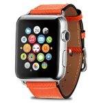 TEXSCOPE Compatible with iWatch Band iWatch Genuine Leather Straps Single Tour Watch Band Replacement with Stainless Steel Adapter Clasp for iWatch Series 3/2/1/Edition/Sport (Orange, 42mm)