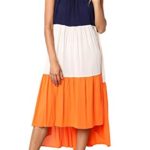 PRETTYGARDEN Women’s Summer Sleeveless Color Block Patchwork Pleated Elastic Crew Neck Loose Midi Dress