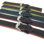 Bandini Mens Leather Watch Band Strap, Racer, Stainless Steel Buckle, Black with a Choice of 6 Different Colored Stitch (18mm, 20mm, 22mm, 24mm)