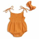 KCSLLCA Baby Girls Sleeveless Romper Set Solid Color Sling Backless Jumpsuit Outfits with Headband (Orange Brown, 6-12 Months)
