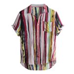 haoricu Men’s Summer V Neck Shirts Casual Short Sleeves Color Block Stripes Print Button Up Loose Shirts Blouse