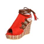 Aunimeifly Women Bohemian Ethnic Wedges Ankle Strap Lace-Up Super High Platform Open Toe Color Velvet Sandals Orange