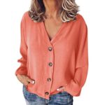 Women’s Long Sleeve Tops,LuluZanm Sales! Ladies Autumn Spring Buttons Opening Loose Shirt Solid Color V-Neck Tops Orange