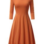 FENSACE Orange Dress, Womens 3/4 Sleeves Simple Cotton Winter Midi Dress Large Light Orange