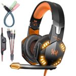 Wired Headphones Over Ear for Xbox one PS4 PC Games,Surround Sound Over-Ear Headphones with Noise Cancelling Mic, LED Lights, Volume Control for Laptop Mac iPad Nintendo Switch Gift for Gamers Orange