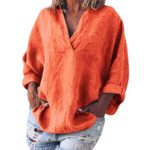 Womens Tops Women Cotton Linen Kaftan Long Sleeve Casual Loose V-Neck Blouse Ladies Autumn Tops Blouses LBPSUUEW Orange