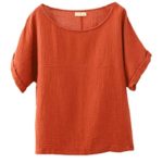 Soojun Women’s Solid Round Collar Linen Tops Patchwork Shirts Blouses Orange, Large