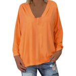 Aniywn V-Neck Women Solid Color Long Sleeve Tunic T-Shirt, Women Plus Size Casual Pullover Blouse Tops Orange