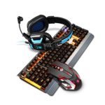LGQ-SMA Colorful Backlit Metal Gaming Keyboard Mouse Headphone Set, Wired Mechanical Hand Keyboard Esports Macro Mouse (Orange Backlight) (Color : Programming Mouse+Earphone)