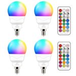 E12 LED Light Bulbs (40w Equivalent) 5W, Color Changing RGB, A15 Small Base Candelabra Round Light Bulb, Candle Base, 2700K Warm White 12 Colors 2 Modes Timing with Remote Control (4 Pack)