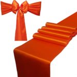 Combo Pack – 2 Satin Table Runners 12 x 108 inch & 10 Chair Sashes for Wedding Banquet Decoration, Bright Silk and Smooth Fabric Party Decor (Combo 2 Table Runner + 10 Chair Saches, Orange)
