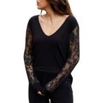 ANJUNIE Women’s V Neck Solid Color Slim Fit Shirt Lace Splice Long Sleeve Basic T Shirt Tops(Black,XXL)