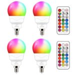E12 LED Light Bulbs (40w Equivalent) 5W, Color Changing RGB, Small Base Candelabra Round Light Bulb, A15 Candle Base, 5700K White 12 Colors 2 Modes Timing with Remote Control (4 Pack)