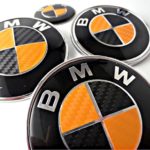 BLACK and ORANGE Carbon Fiber Sticker Overlay Vinyl for All BMW Emblems Caps Logos Roundels