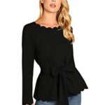 Romwe Women’s Bow Self Tie Scalloped Cut Out Elegant Office Work Tunic Blouse Top