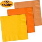 150 Lunch Napkins, Sunshine Yellow, Pumpkin Orange, Autumn Orange – 50 Each Color. 2 Ply Paper Dinner Napkins. 6.5″ folded, 13.5″ unfolded.