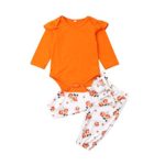 Baby Girls Plain Color Ruffle Sleeves Romper Bodysuit Floral Suspender Skirt Harlan Pants Headband Outfits (12-18 Months, Orange)