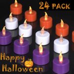 JUNPEI 24-Pack Flameless Tea Lights LED Tea Lights Three Colors Light (Orange, White, Purple)100 Hours Lamp Battery Powered Decoration for Party,Halloween