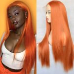 BLUPLE Orange Color Lace Front Wigs Long Silk Straight Synthetic Hair Replacement Full Wigs with Free Part For Women Party Show (22 Inch, Straight,Orange)