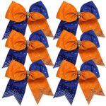 8 Inch 2 Colors Cheerleader Bows Ponytail Holder with Rhinestones Hair Tie Cheerleading Bows 6 Pcs (Orange/Royal Blue)