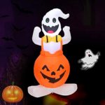 Shan-S 4 ft Halloween 1.2 M Inflatable Blow Up Ghost on Pumpkin, Upgraded Skeleton Ghost on Inflatable with Gradient LED Lights for Halloween Decorations Outdoor Holiday Lawn