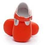 HONGTEYA Baby Girls Pure T-Strap Moccasins – Newborn First Walker Mary Jane PU Soft Soled Shoes (Size:0-6 Months, Orange)