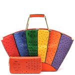 Le Miel Ostrich Embossed Color Block Tote w/Strap + Wallet- Multi Orange