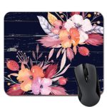 Watercolor Boho Floral Mouse Pad Orange Flowers On Dark Blue Faux Wood Mousepad Desk Decor Coworker Teacher Gift