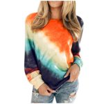 Women Casual Crewneck Tie Dyed Long Sleeve T-Shirt Gradient Color Printing Blouses Tops (Orange, L)