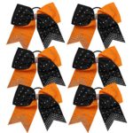 8 Inch 2 Colors Cheerleader Bows Ponytail Holder with Rhinestones Hair Tie Cheerleading Bows 6 Pcs (Orange/Black)