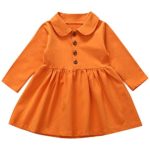 Oklan Toddler Baby Girls Dress Long Sleeve Solid Color Ruffle Pleated Dresses Orange