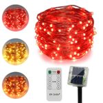 ErChen Dual-Color Solar Powered LED String Lights, 33FT 100 LEDs Remote Control Color Changing 8 Modes Copper Wire Decorative Fairy Lights for Outdoor Garden Patio (Warm White, Red)