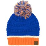 CC Football Basketball Team Colors Pom Winter Chunky Stretchy Knit Beanie Hat (Blue/Orange)