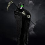 5.9Ft Hanging Grim Reaper Decoration with Glowing Green Eyes & Skeleton Scythe Sickle, Hanging Ghost for Trees Outdoor Indoor Hanging Halloween Decorations