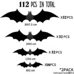 112 PCS Reusable PVC 3D Bats for Halloween Party Indoor Outdoor Decor Supplies, 3D Decorative Scary Bats Outside Halloween Decorations Wall Sticker Comes with Double Sided Foam Tape