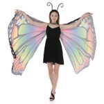 Butterfly Wing Cape Shawl with Lace Mask and Black Velvet Antenna Headband Adult Women Halloween Costume Accessory (Rainbow)