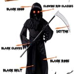 Grim Reaper Costume for Kids, Scary Halloween Costumes with Light Up Red Eyes in the Dark for Kids Boys Girls, Scythe Included (Large)