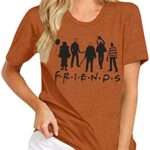 Halloween Friends Shirt Women Funny Halloween Party Shirt Horror Theme Novelty Graphic Short Sleeve Tee Blouse Brown