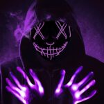 Flywind Halloween Led Mask Skeleton Gloves Set, El Wire Light Up Mask for Halloween Festival Party, Halloween Scary Mask Cosplay Led Costume Light Up Mask for Halloween Cosplay Costume?Purple