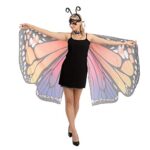 Spooktacular Creations Butterfly Wing Cape Shawl with Lace Mask and Black Velvet Antenna Headband Adult Women Halloween Costume Accessory (Rainbow 2)