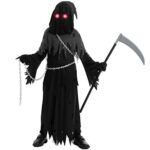 Child Unisex Glowing Eyes Reaper Costume for Creepy Phantom Halloween Costume (Small (5-7 yr))