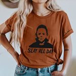 Slay All Day Women T Shirt Halloween Funny Shirt Horror Top Retro Short Sleeve Graphic Casual Tee (Brown, Large)